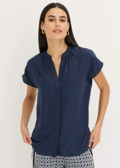 bonprix bonprix Blusa de manga corta con botones ocultos Azul marino Hot