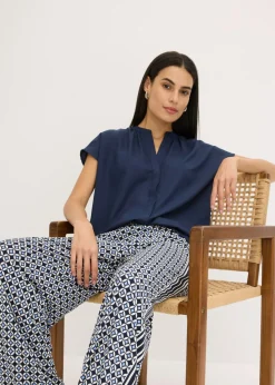 bonprix bonprix Blusa de manga corta con botones ocultos Azul marino Hot