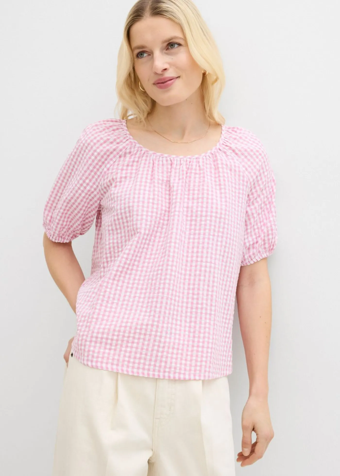 bonprix bonprix Blusa de manga corta de algodón puro Malva-blanco Clearance