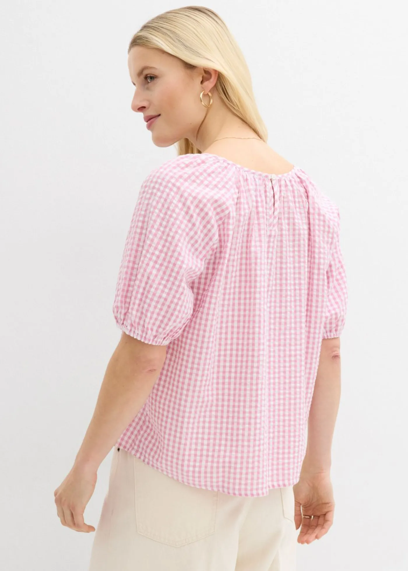 bonprix bonprix Blusa de manga corta de algodón puro Malva-blanco Clearance
