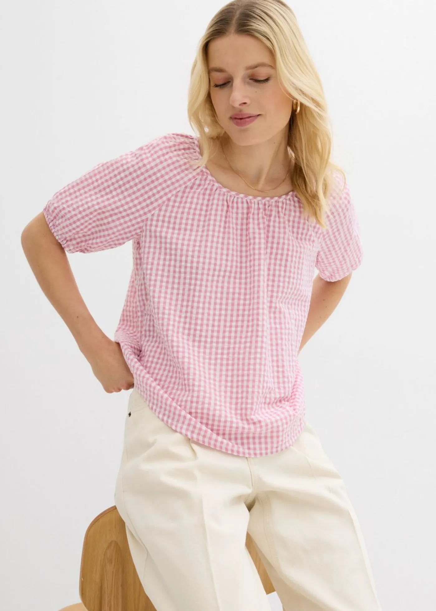 bonprix bonprix Blusa de manga corta de algodón puro Malva-blanco Clearance