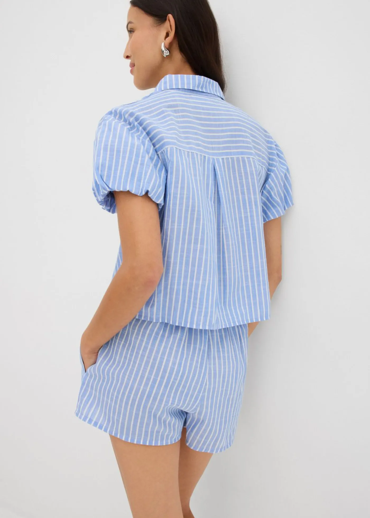 bonprix bonprix Blusa de manga corta de algodón puro Azul-blanco con rayas Sale