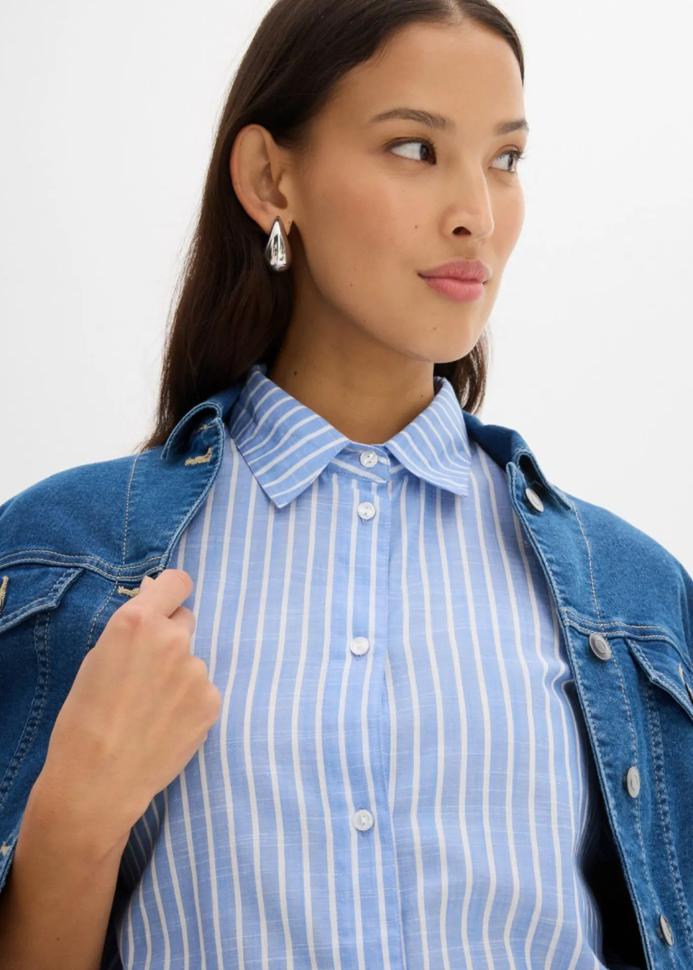bonprix bonprix Blusa de manga corta de algodón puro Azul-blanco con rayas Sale