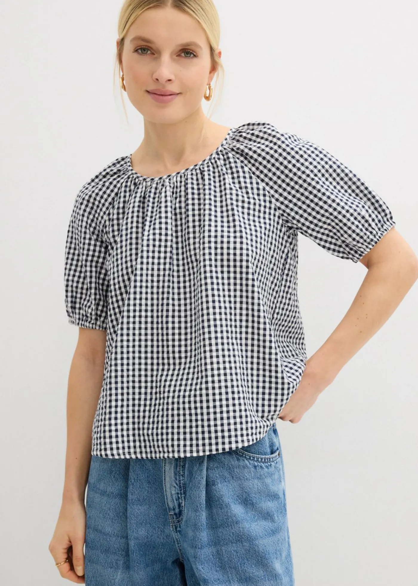 bonprix bonprix Blusa de manga corta de algodón puro Azul marino-blanco Hot