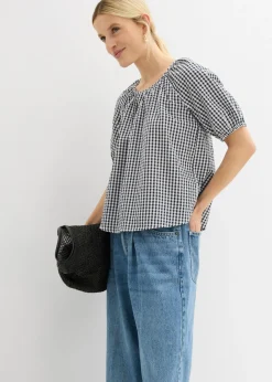 bonprix bonprix Blusa de manga corta de algodón puro Azul marino-blanco Hot