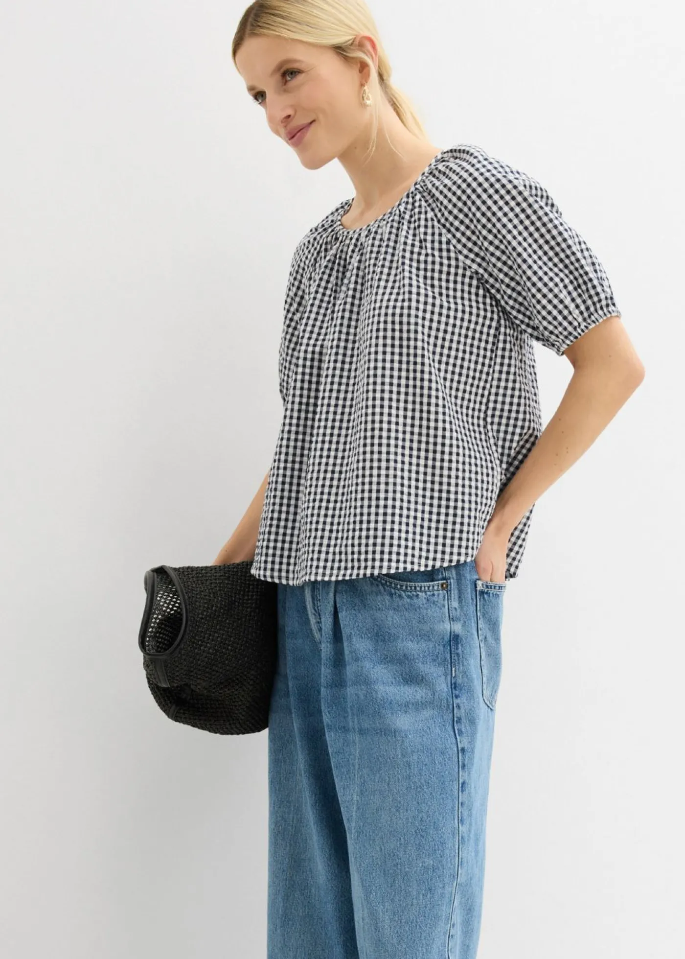 bonprix bonprix Blusa de manga corta de algodón puro Azul marino-blanco Hot