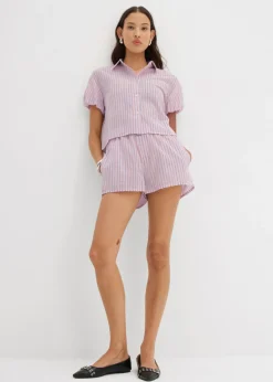 bonprix bonprix Blusa de manga corta de algodón puro rosa pastel-azul claro con rayas