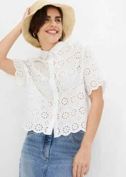 bonprix bonprix Blusa de manga corta de algodón puro Blanco Sale