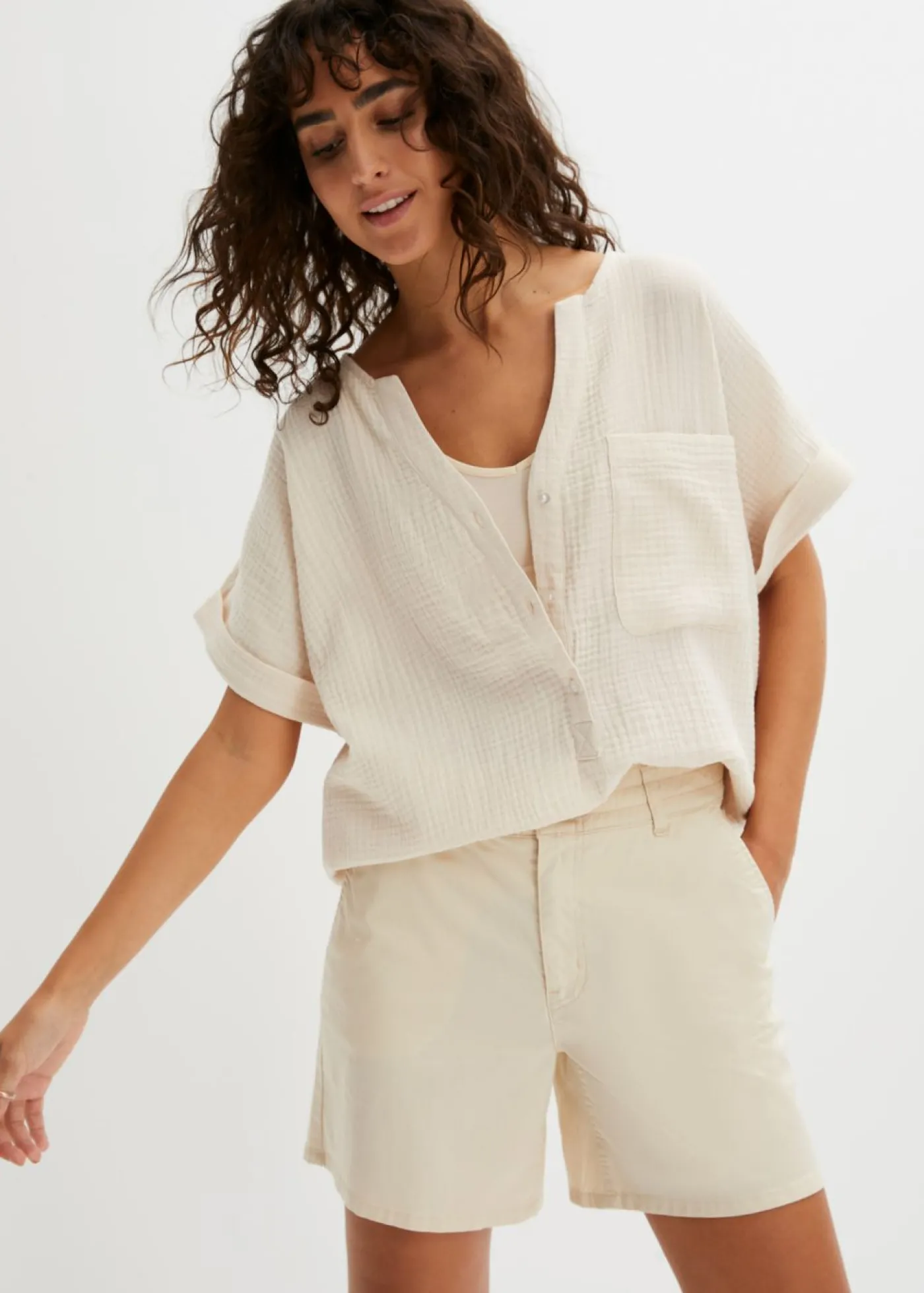 bonprix bonprix Blusa de manga corta de muselina gris guijarro Sale