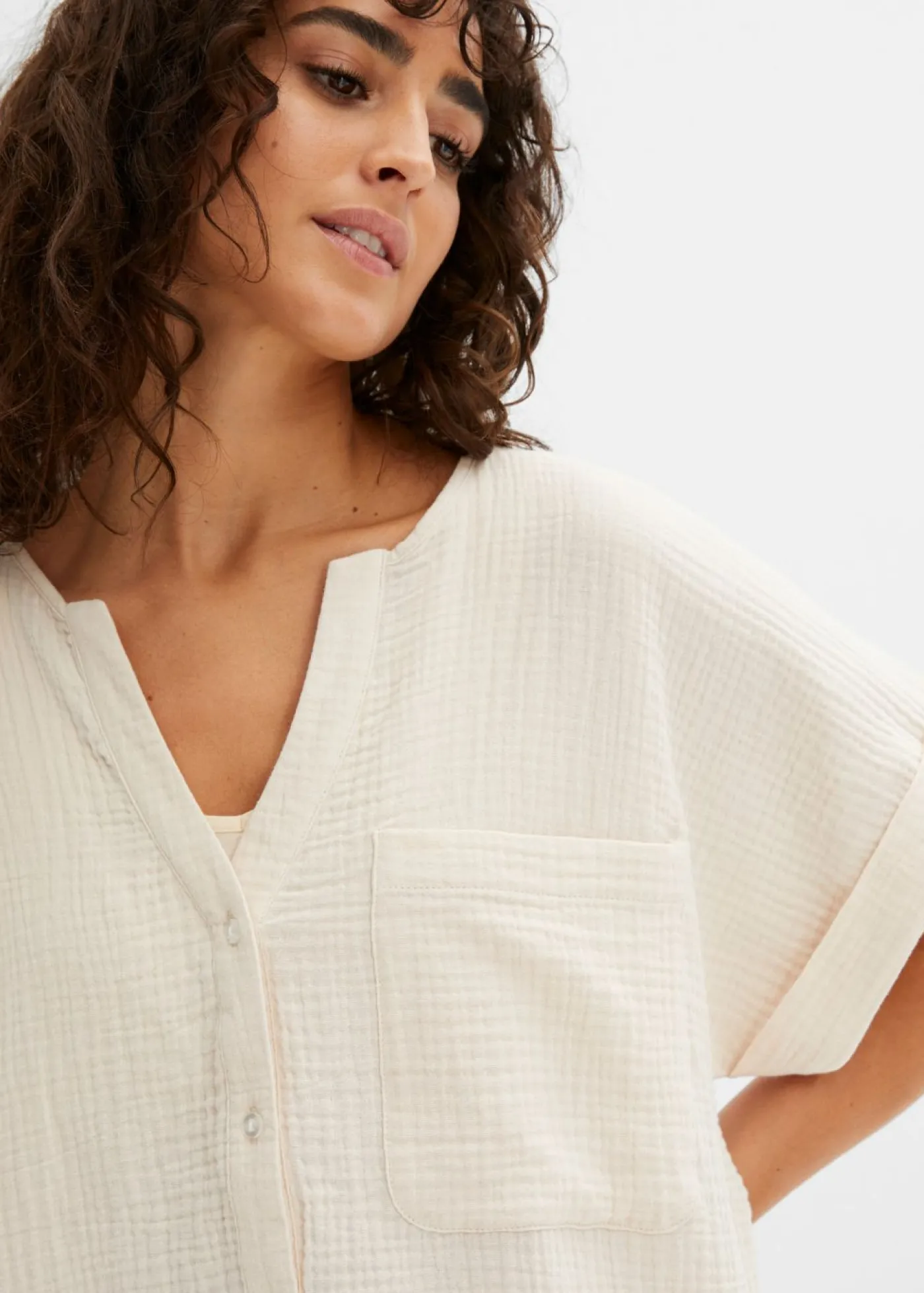 bonprix bonprix Blusa de manga corta de muselina gris guijarro Sale