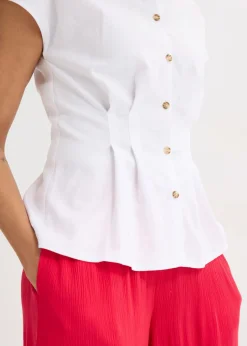 bonprix bonprix Blusa de manga corta de mezcla de lino vaporoso Blanco New
