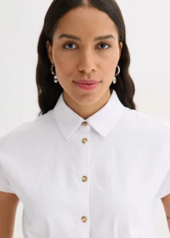 bonprix bonprix Blusa de manga corta de mezcla de lino vaporoso Blanco New