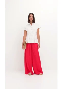 bonprix bonprix Blusa de manga corta de mezcla de lino vaporoso Blanco New