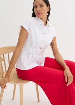 bonprix bonprix Blusa de manga corta de mezcla de lino vaporoso Blanco New