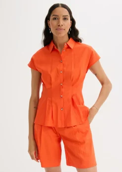 bonprix bonprix Blusa de manga corta de mezcla de lino vaporoso Rojo amapola Discount