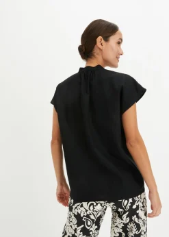 bonprix bonprix Blusa de manga corta de mezcla de lino vaporoso Negro Sale