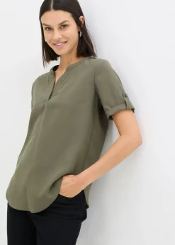 bonprix bonprix Blusa de manga corta de mezcla de viscosa firme Verde oliva oscuro New