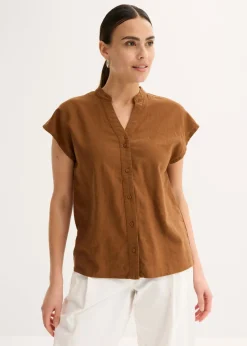 bonprix bonprix Blusa de manga corta de mezcla de lino vaporoso marrón Clearance