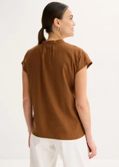 bonprix bonprix Blusa de manga corta de mezcla de lino vaporoso marrón Clearance