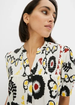 bonprix bonprix Blusa de manga corta de viscosa fluida con detalle de nido de abeja Blanco lana Sale