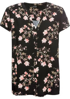 bonprix bonprix Blusa de manga corta de viscosa pura Negro con flores Clearance