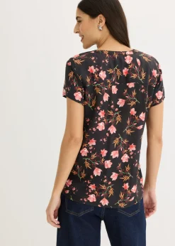 bonprix bonprix Blusa de manga corta de viscosa pura Negro con flores Clearance