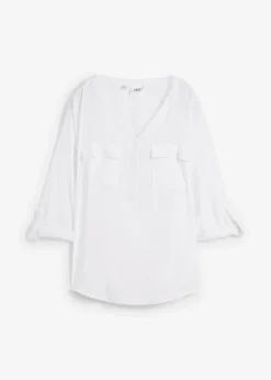 bonprix bonprix Blusa de manga larga con escote en V de viscosa fluida Blanco New