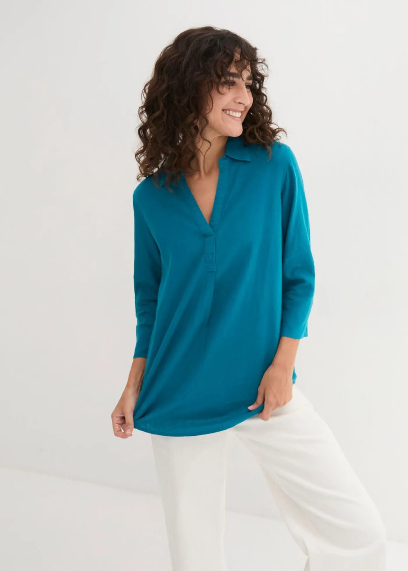bonprix bonprix Blusa de mangas 3/4 con lino turquesa New
