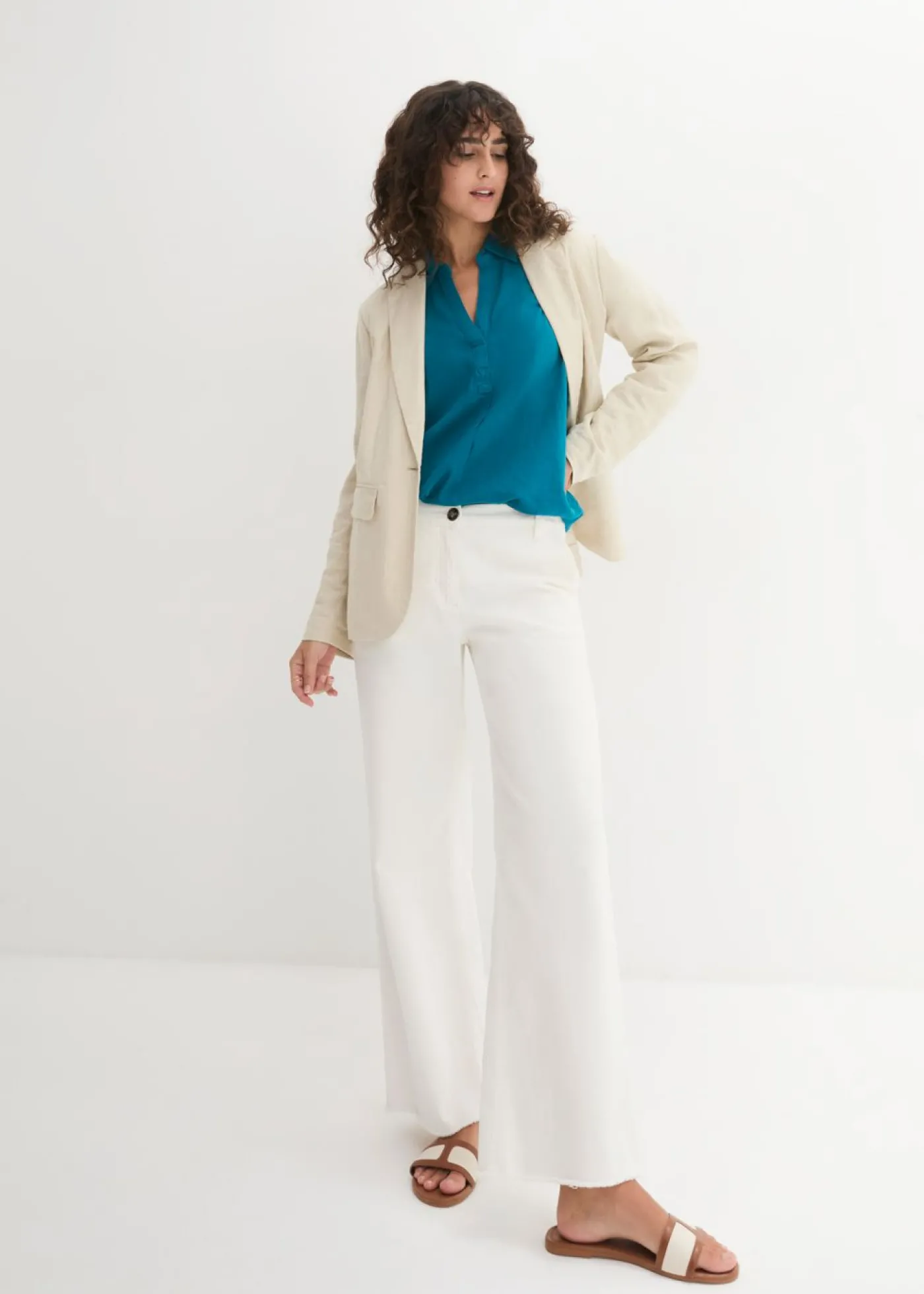 bonprix bonprix Blusa de mangas 3/4 con lino turquesa New