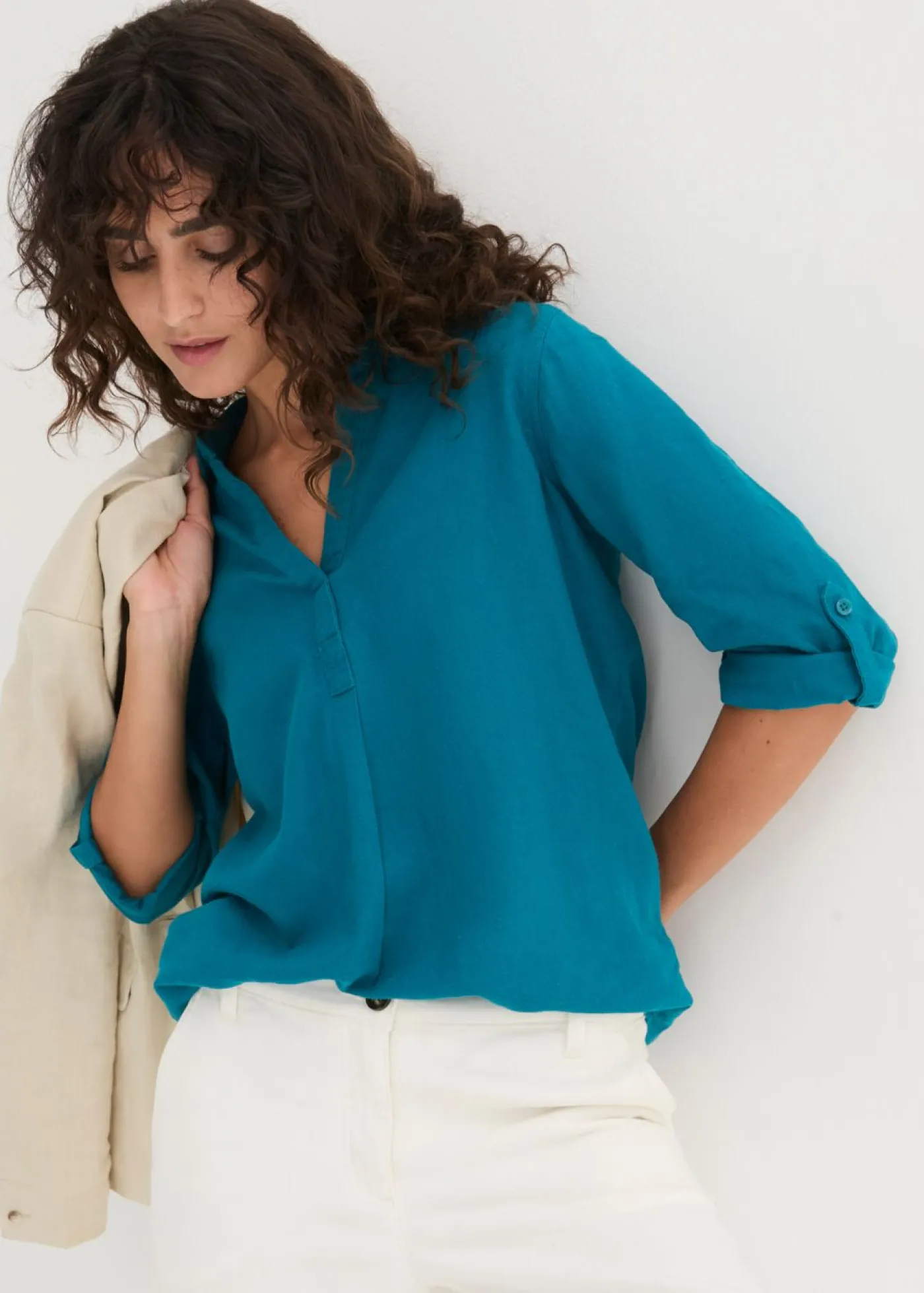 bonprix bonprix Blusa de mangas 3/4 con lino turquesa New