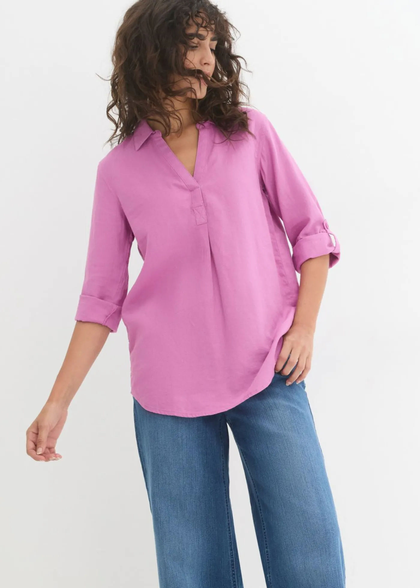 bonprix bonprix Blusa de mangas 3/4 con lino Rosa violáceo New
