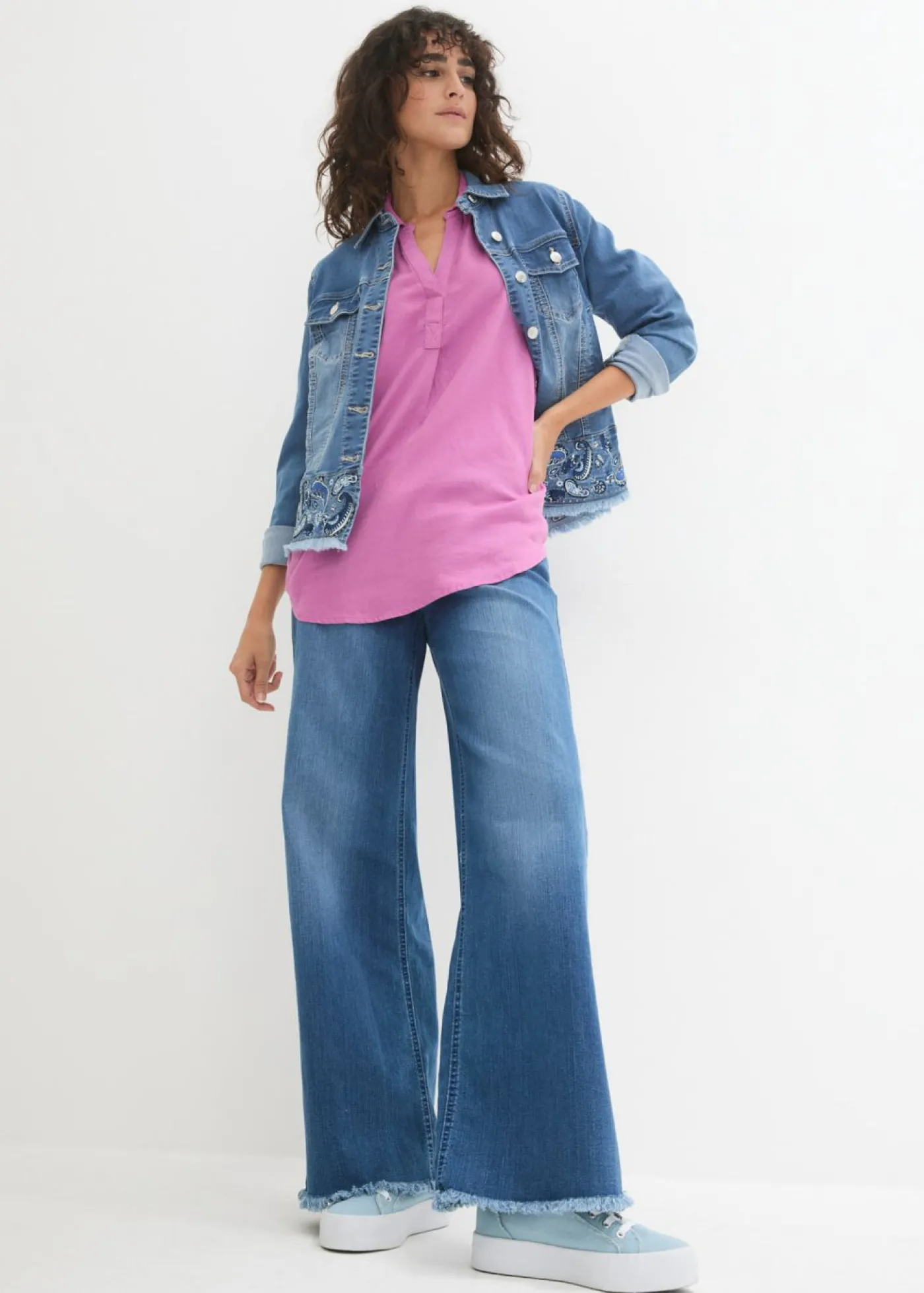 bonprix bonprix Blusa de mangas 3/4 con lino Rosa violáceo New