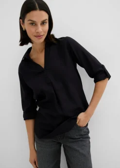 bonprix bonprix Blusa de mangas 3/4 con lino Negro Outlet