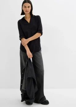 bonprix bonprix Blusa de mangas 3/4 con lino Negro Outlet