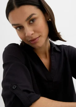 bonprix bonprix Blusa de mangas 3/4 con lino Negro Outlet