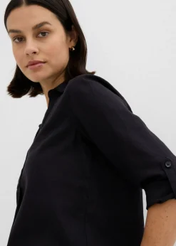 bonprix bonprix Blusa de mangas 3/4 con lino Negro Outlet
