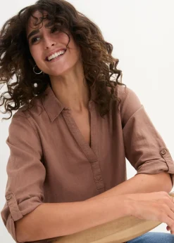bonprix bonprix Blusa de mangas 3/4 con lino marrón Outlet