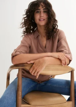 bonprix bonprix Blusa de mangas 3/4 con lino marrón Outlet