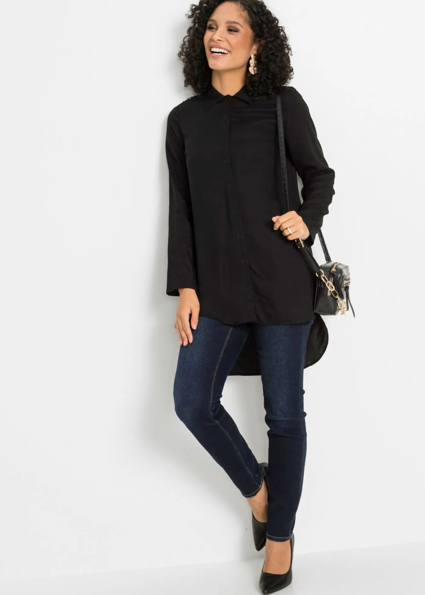 bonprix bonprix Blusa de mezcla de algodón y viscosa Negro Outlet