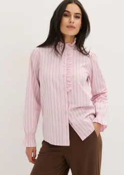 bonprix bonprix Blusa de popelín con volantes en el cuello rosa cristal-amarillo claro-azul ártico con rayas Clearance