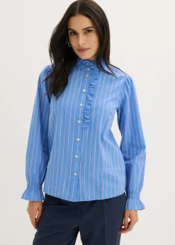 bonprix bonprix Blusa de popelín con volantes en el cuello Azul provenzal/blanco/pink lady de rayas Clearance