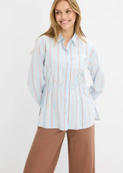 bonprix bonprix Blusa de popelín de algodón elástico azul pálido-blanco-marrón rayas verticales Hot