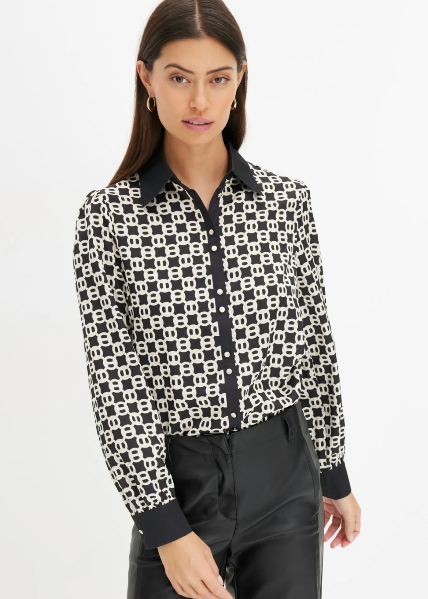 bonprix bonprix Blusa de satén Negro-blanco lana Discount