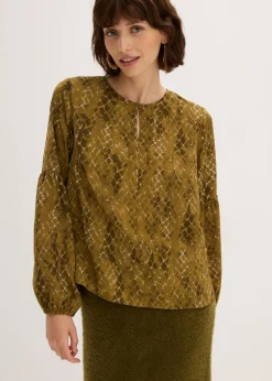 bonprix bonprix Blusa de satén fluido verde oliva/verde tierra estampado Sale