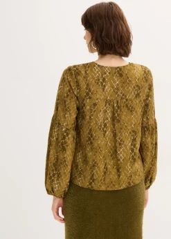 bonprix bonprix Blusa de satén fluido verde oliva/verde tierra estampado Sale