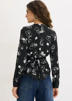 bonprix bonprix Blusa de satén fluido Negro con flores New