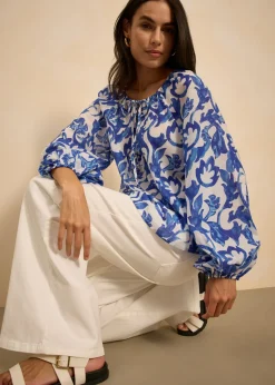 bonprix bonprix Blusa de túnica estampada Blanco-azul