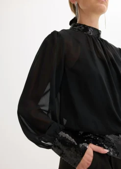 bonprix bonprix Blusa de tul fino con lentejuelas Negro New