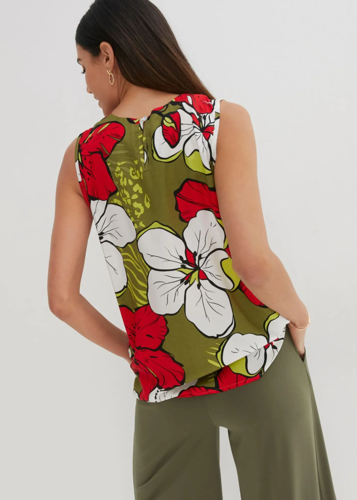 bonprix bonprix Blusa de viscosa Fresa-caqui oscuro de flores Hot