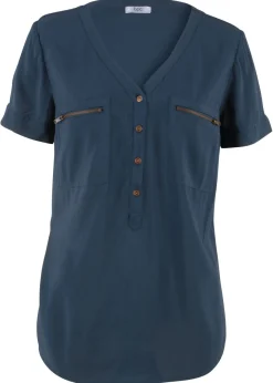 bonprix bonprix Blusa de viscosa con manga corta Azul oscuro Discount